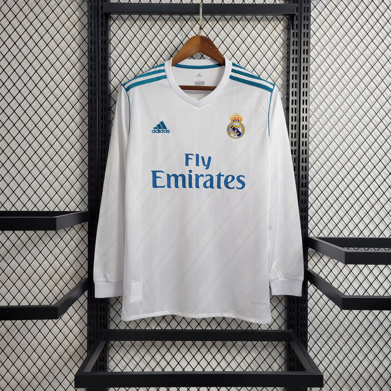 LONG SLEEVE REAL MADRID HOME 2017/18 - ADIDAS RETRO MEN`S - WHITE/BLUE